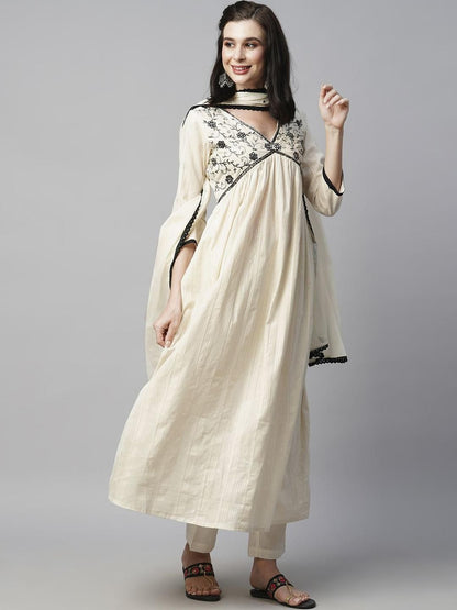 Indyancart SN Women's Woven Design Embroidered Cotton Kurta with Trousers & Dupatta