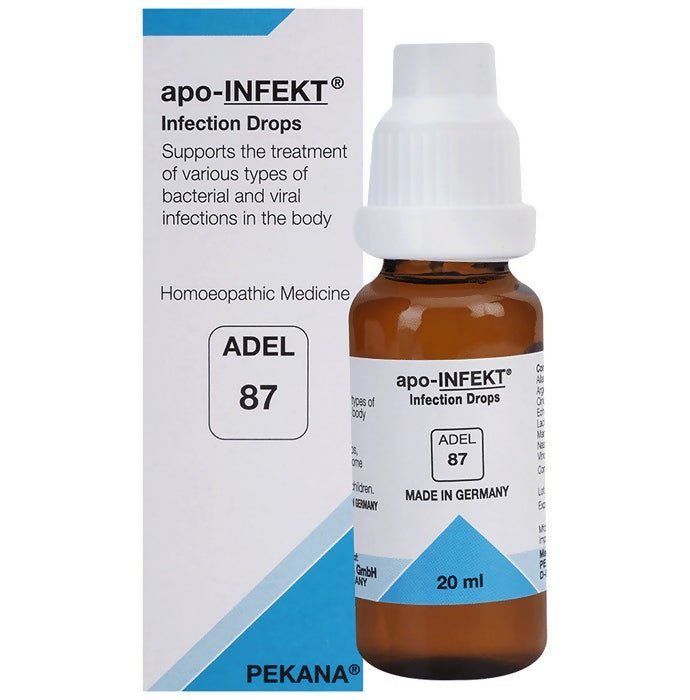 Adel Homeopathy 87 Apo-Infekt homeopathy drops in a glass bottle with a dropper, designed for natural immune support.