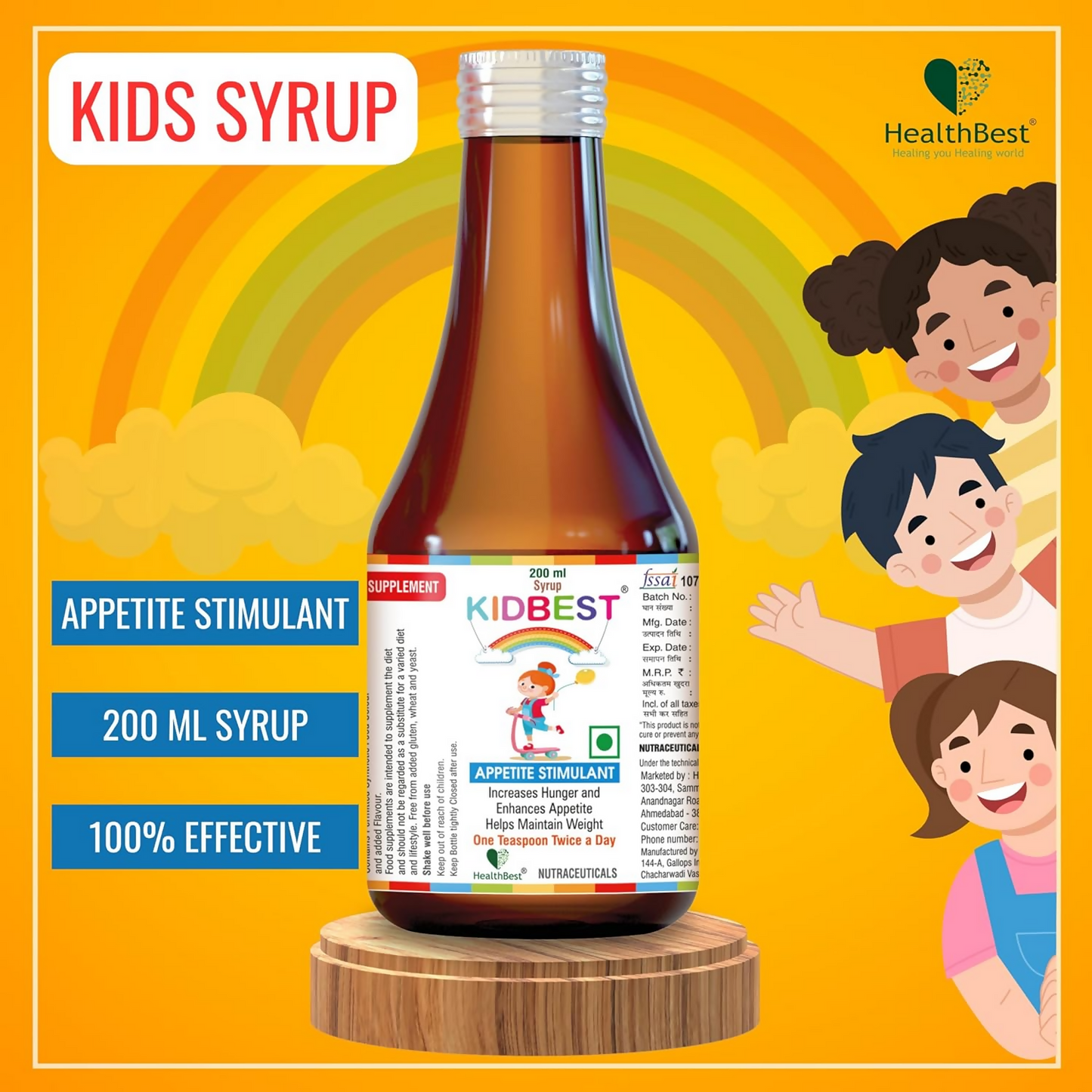 HealthBest Kidbest appetite stimulant syrup for kids, featuring a colorful bottle with a child-friendly label and dosing syringe.