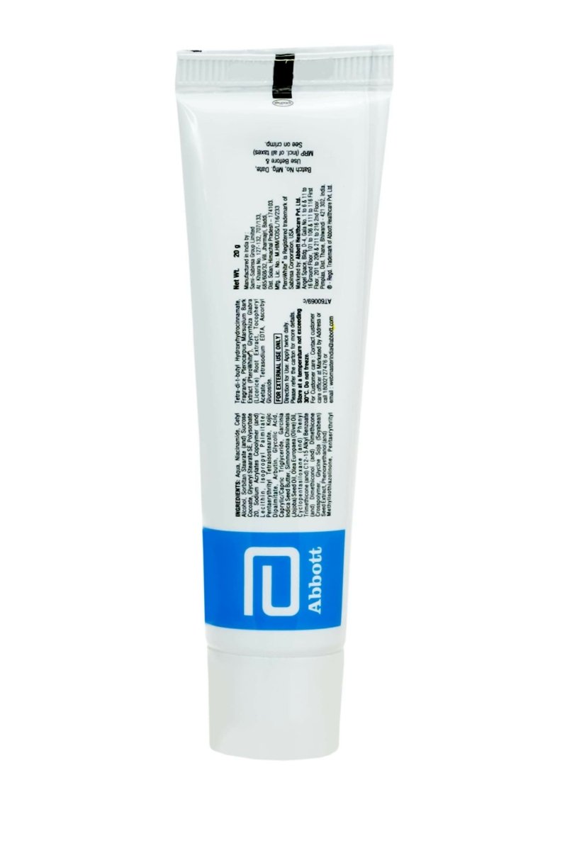 Abbott Melaglow Rich Depigmentation and Glow Restoration face gel in a jar with a smooth, creamy texture and a white lid.