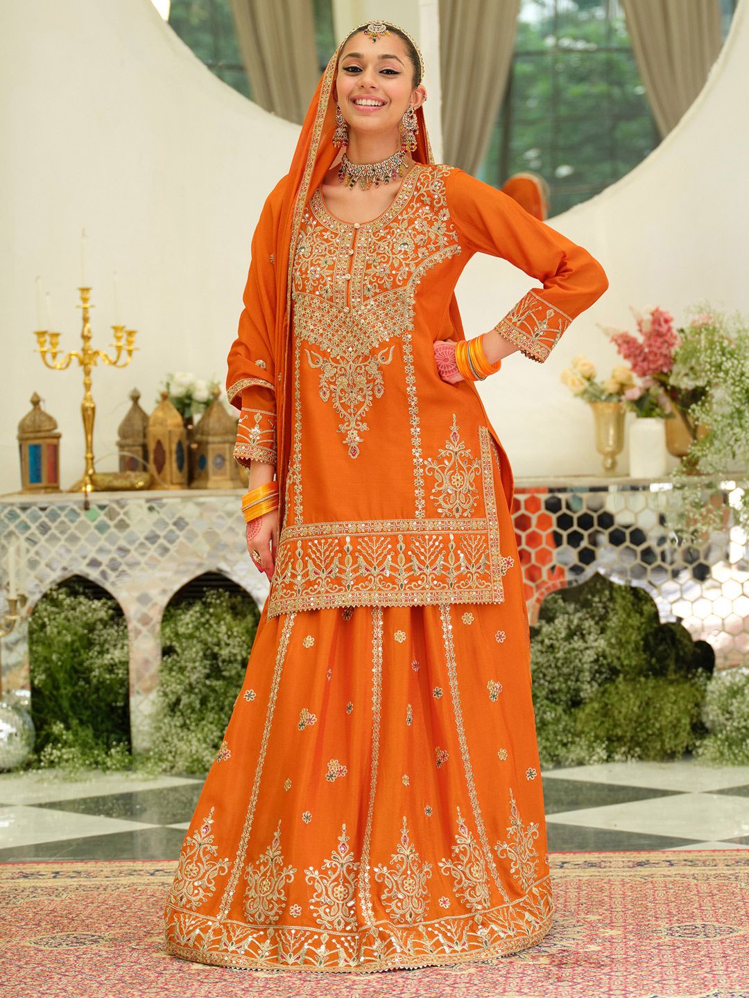 Women Ethnic Motif Embroidered Sequinned Kurta with Skirt & Dupatta