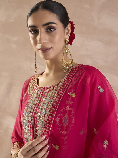 Ethnic Motifs Embroidered Round Neck Zari Kurta With Palazzos & Dupatta