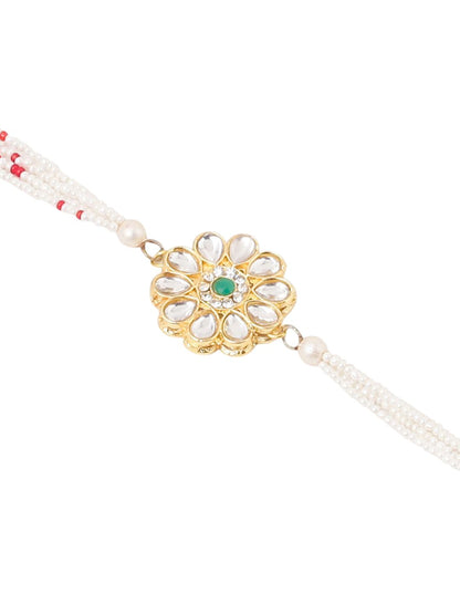 Anouk Set Of 2 Kundan Floral Design Gold Toned Bhaiya Bhabhi Rakhi Set With Roli Chawal
