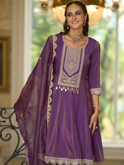 Indyancart IE Ethnic Motifs Embroidered A-Line Sequinned Kurta With Trousers & Dupatta