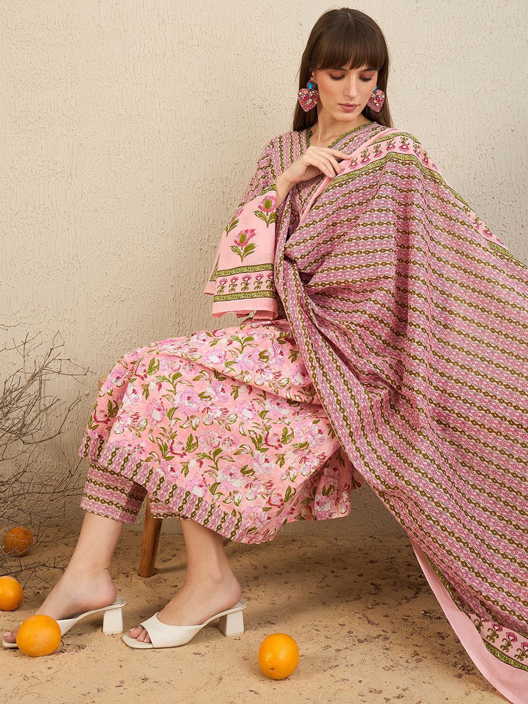 Indyancart IE Floral Printed Empire Pure Cotton A-Line Kurta With Trousers & Dupatta