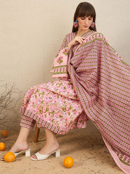 Indyancart IE Floral Printed Empire Pure Cotton A-Line Kurta With Trousers & Dupatta