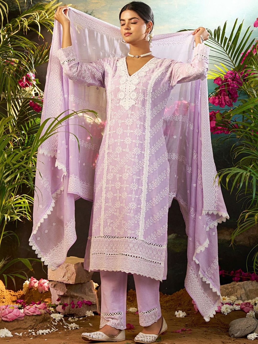 Women Ethnic Motifs Embroidered Regular Chikankari Pure Cotton Kurta with Trousers & With Dupatta