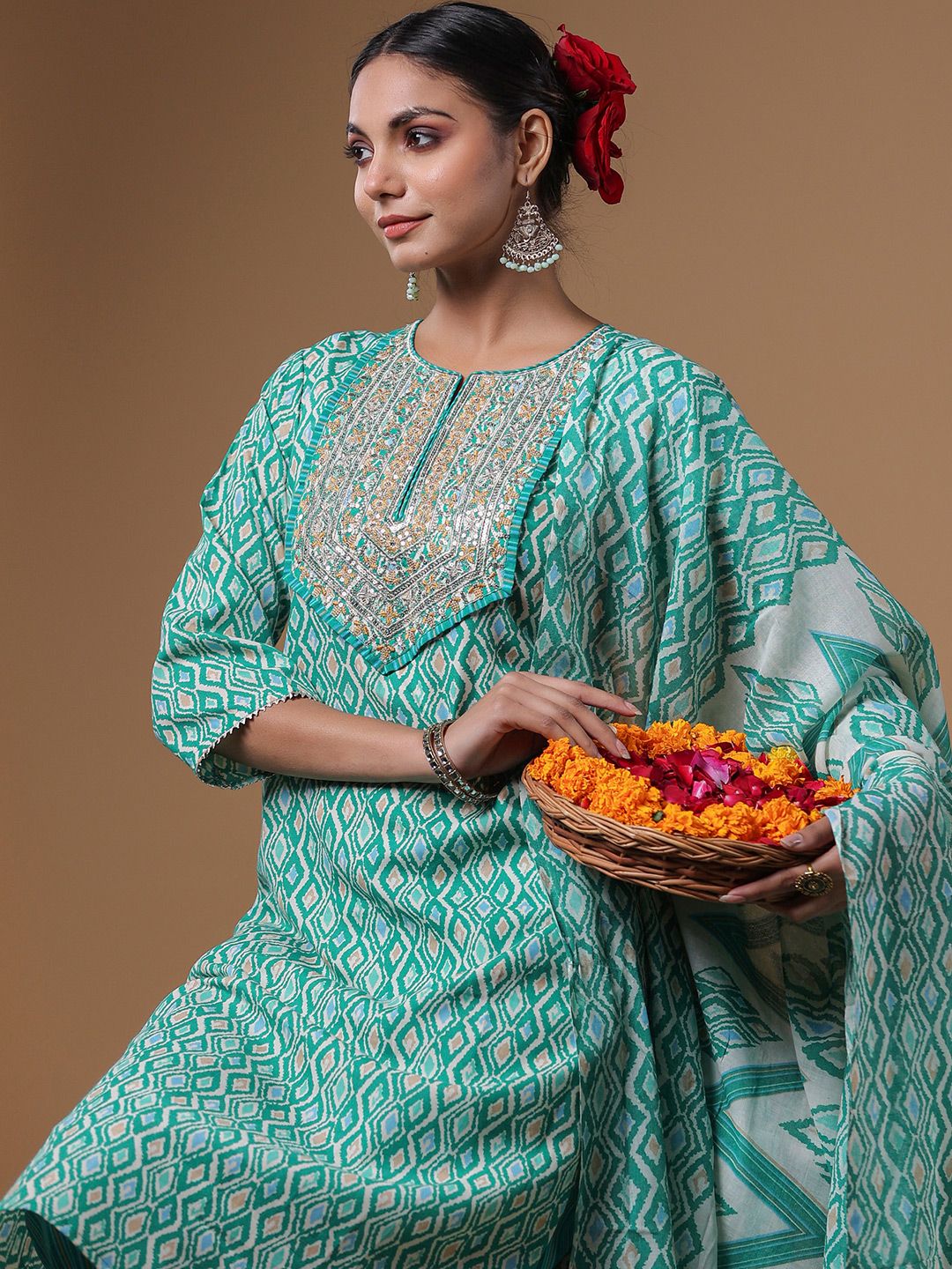 Indyancart IE Women Printed Regular Sequinned Pure Cotton Kurta with Trousers & With Dupatta