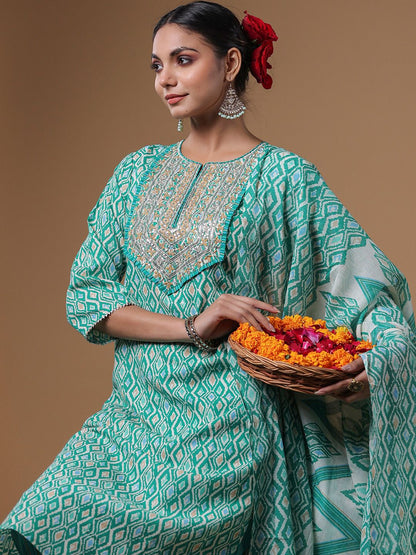 Indyancart IE Women Printed Regular Sequinned Pure Cotton Kurta with Trousers & With Dupatta