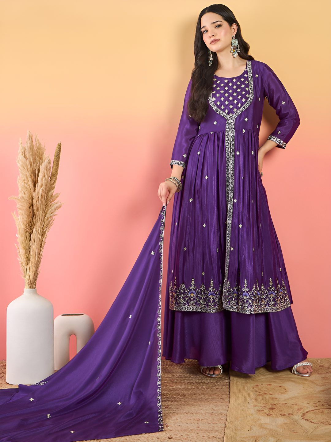 Indyancart VA Floral Embroidered Thread Work Kurta With Palazzos & Dupatta