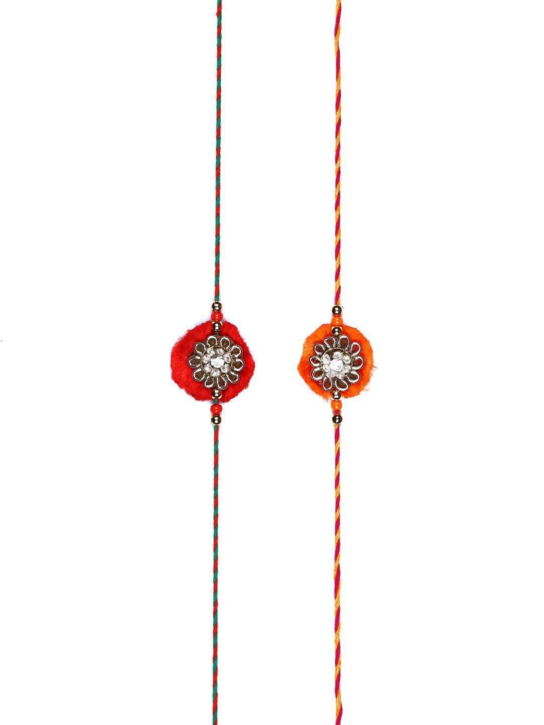 Anouk Set Of 2 Red Flower Design Stone Studded Rakhis Comes With Roli Rice & Greeting Card