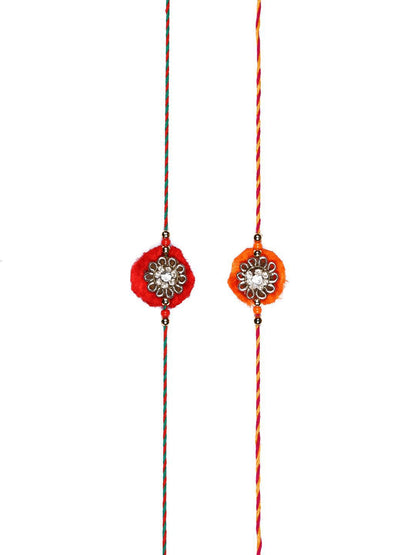 Anouk Set Of 2 Red Flower Design Stone Studded Rakhis Comes With Roli Rice & Greeting Card