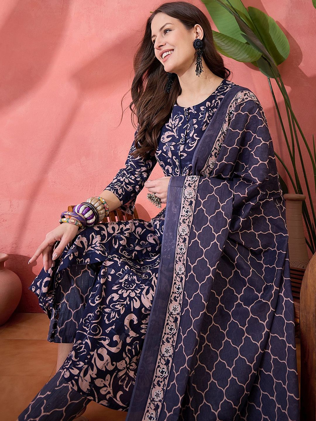 Dhiyona SN Women's Floral Printed Pure Cotton Anarkali Kurta With Trouser And Dupatta