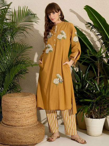 Adults-Women Woven Design Embroidered Cotton Kurta with Trousers