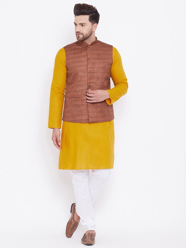 Men's Mustard Cotton Blend Straight Jacket  Kurta and Pyjama Set