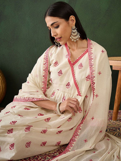 Indyancart SN Women's Off White Floral Embroidered Pure Cotton Mirror Work Kurta & Trouser With Dupatta