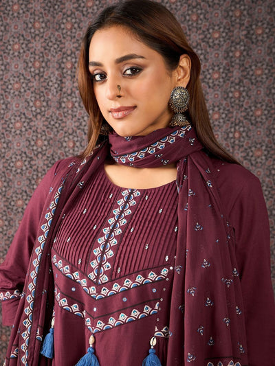 Indyancart IE Women Ethnic Motifs Printed Cotton A-Line Kurta with Trousers & Dupatta