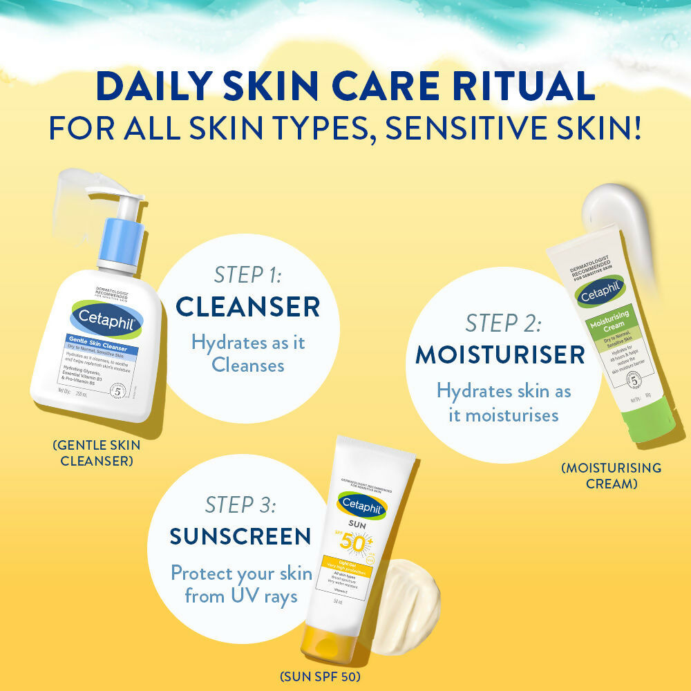 Cetaphil Sun SPF 50 Light Gel mineral sunscreen for normal, dry, and oily skin, with transparent gel texture and SPF protection.