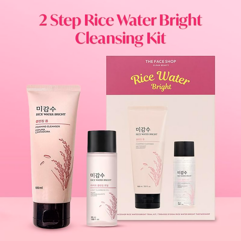 The Face Shop Rice Water Bright Face Wash kit with two steps, featuring a cleanser and toner for radiant skin.