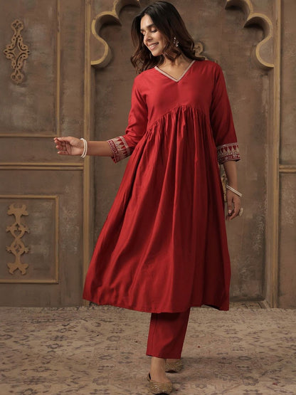 Women Solid A-Line Kurta with Trousers