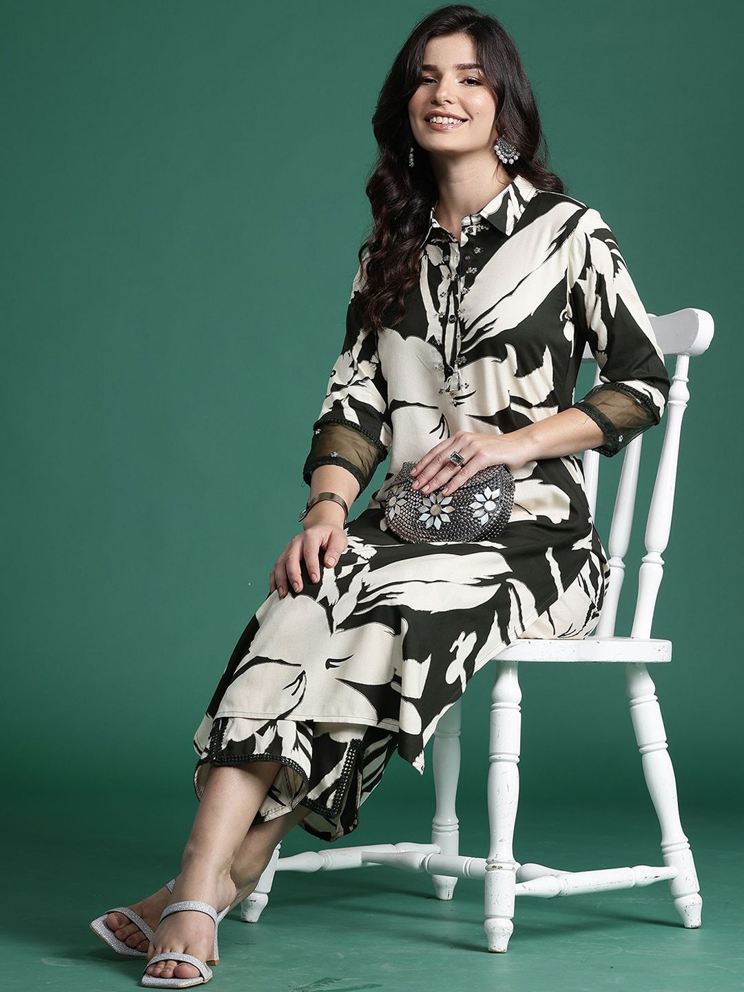 Indyancart IE Floral Printed Three-Quarter Sleeves Tunic With Trouser