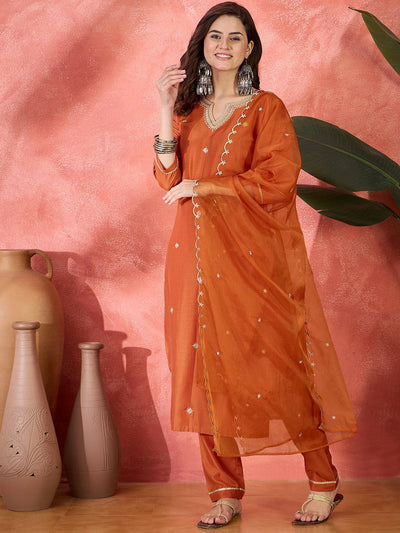 Indyancart SN Women's Floral Embroidered Notch Neck Thread Work Straight Kurta With Trouser & Dupatta