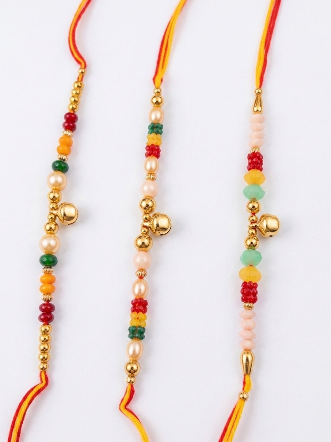 Anouk Set Of 3 Artificial Beads Orange Thread Rakhi With Roli Chawal Chandan Mishri