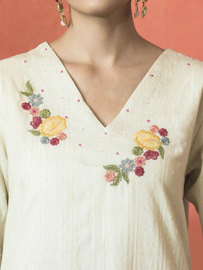 Indyancart SN Women's Floral Embroidered V-Neck Sequinned Cotton Straight Kurta With Trouser & Dupatta