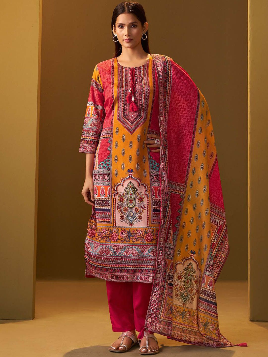 Ethnic Motifs Printed Thread Work Straight Kurta With Trousers & Dupatta
