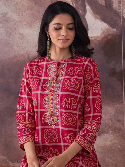 Indyancart IE Printed Mandarin Collar Pure Cotton Tunic With Trousers