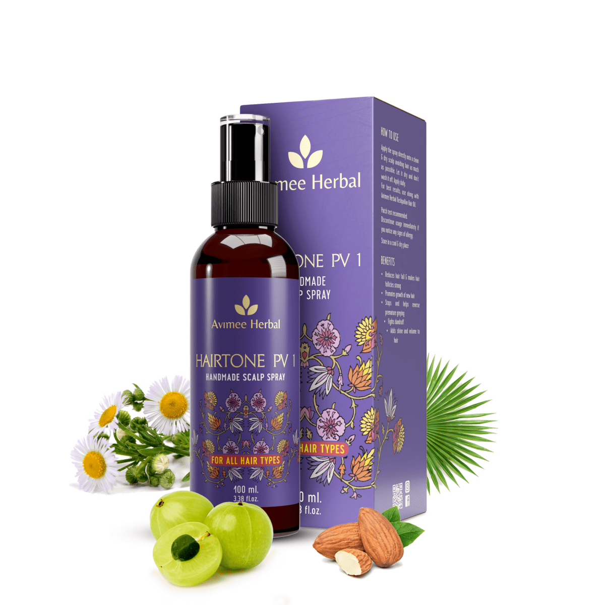 Avimee Herbal anti hair fall scalp spray with rosemary, amla, methi, and bhringraj to strengthen hair roots and reduce hair fall