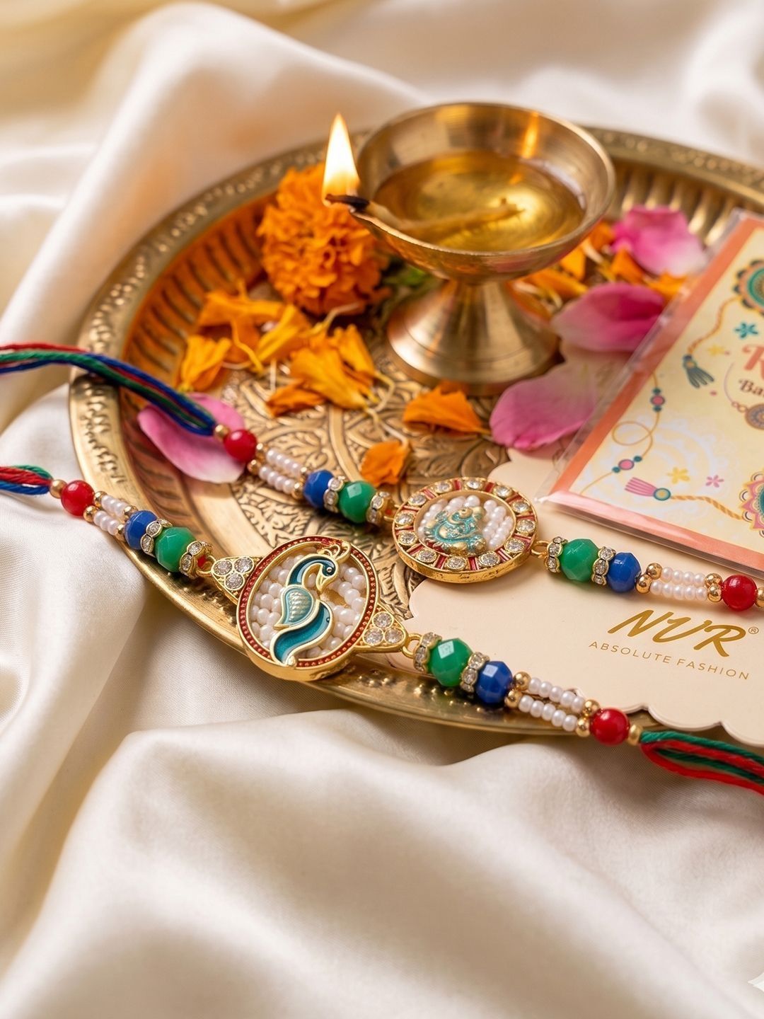Anouk Set Of 2 Multicolor Peacock Design Rakhi With Roli Chawal Chandan Mishri