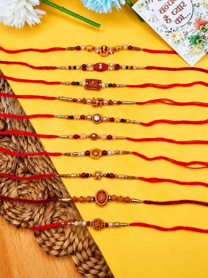 Anouk Set Of 10 Multicolor Designer Thread Rakhi With Roli Chawal Chandan Mishri