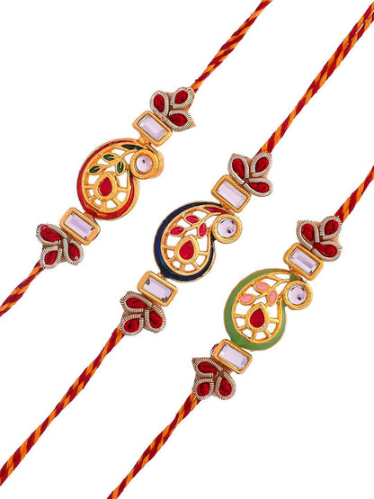 Anouk Gold Toned Set of 3 Kundan Work Thread Rakhis With Roli Chawal & Greetings Card
