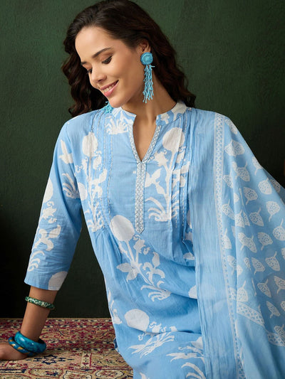 Indyancart SN Women's Blue Floral Printed Mandarin Collar Pure Cotton Kurta With Trouser & Dupatta