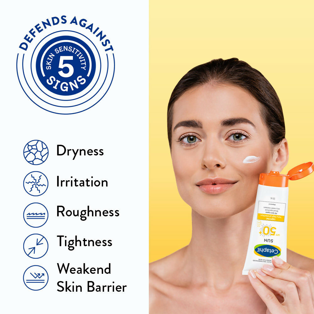 Cetaphil Sun SPF 50 Light Gel mineral sunscreen for normal, dry, and oily skin, in a white tube with a blue cap.