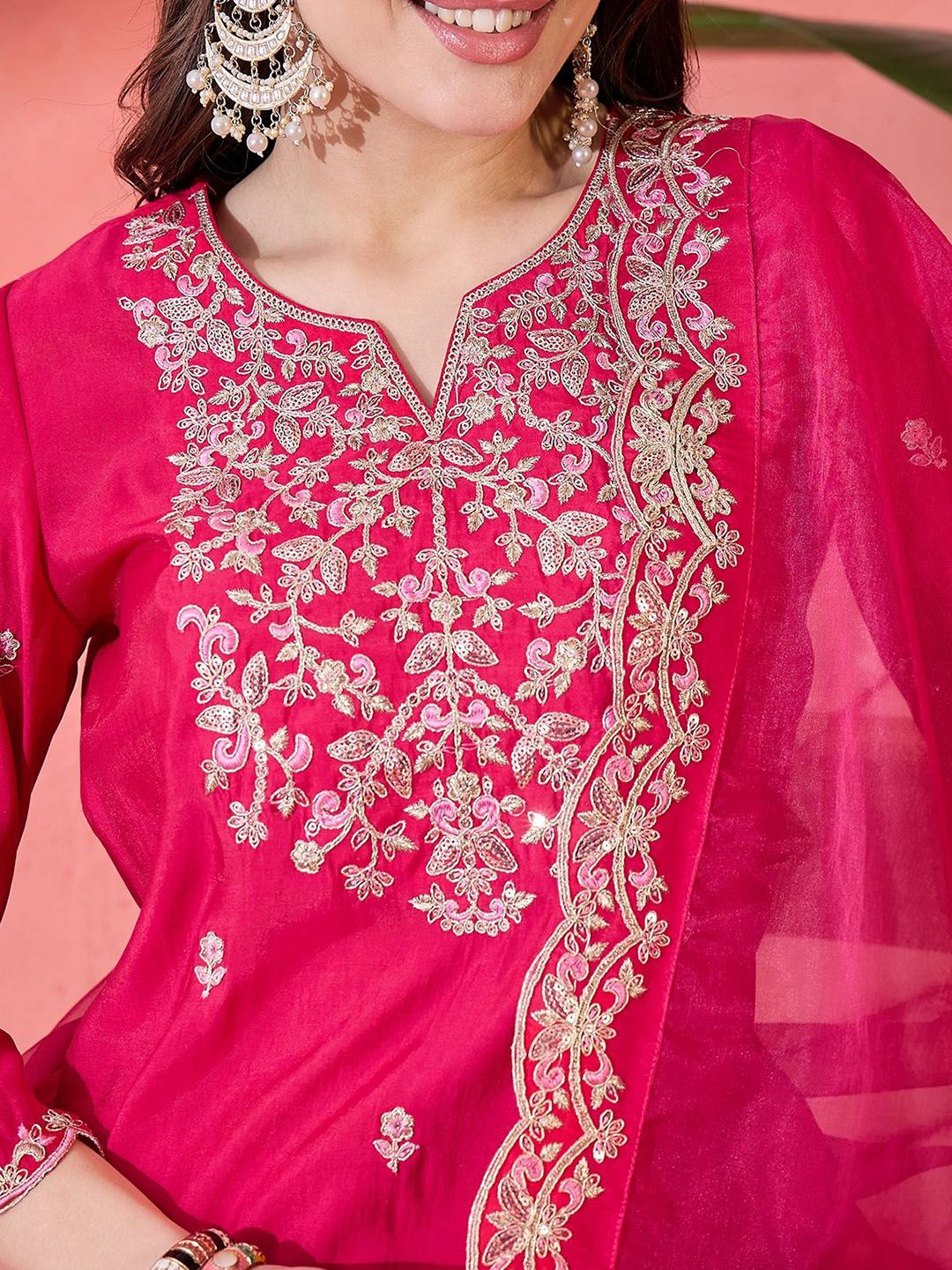 Indyancart SN Women's Solid Embroidered Kurta with Pyjama & Dupatta