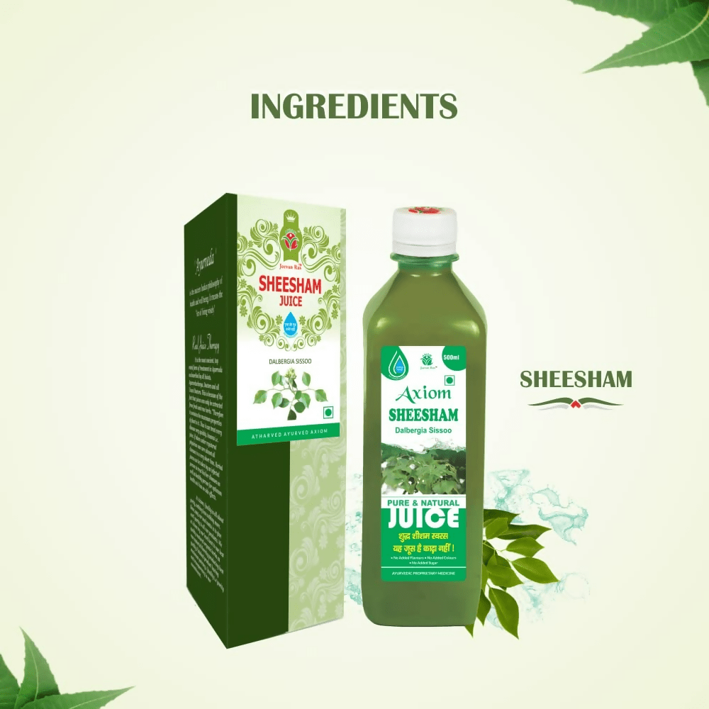 Axiom Sheesham Juice bottle from Ayurvedic drinks collection with a clear label and dark liquid inside.