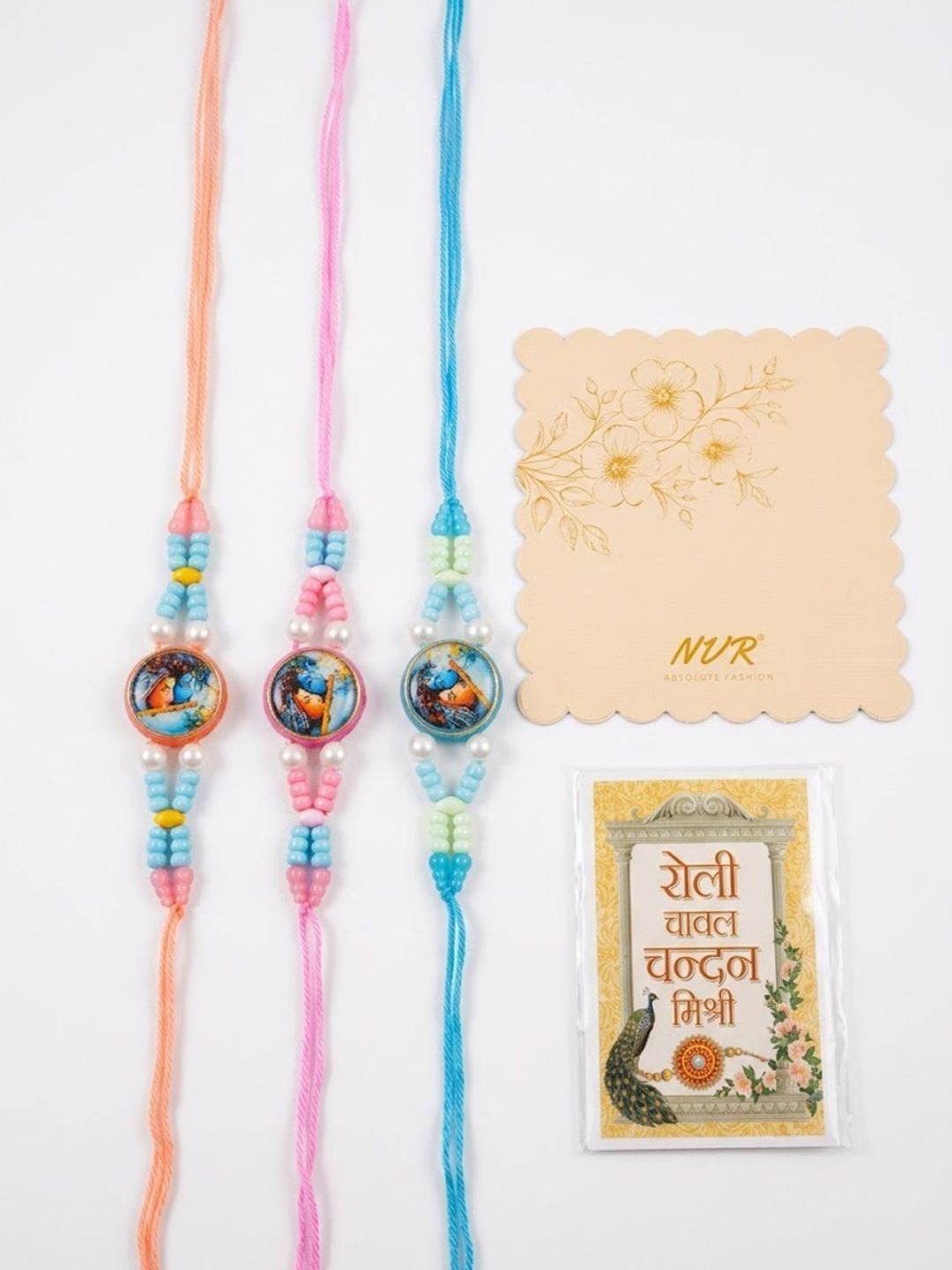 Anouk Set Of 3 Radha Krishna Thread Rakhi With Roli Chawal Chandan Mishri