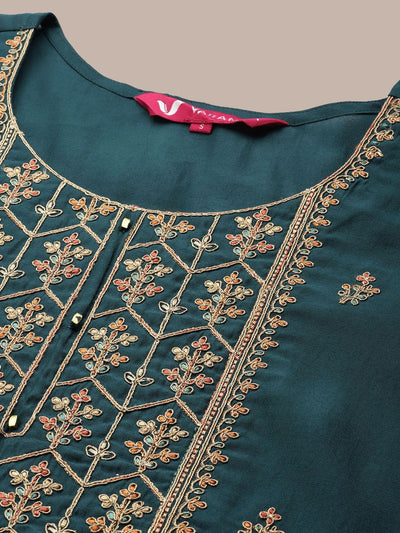 Indyancart VA Women's Ethnic Motifs Embroidered Regular Thread Work Kurta with Trousers & With Dupatta