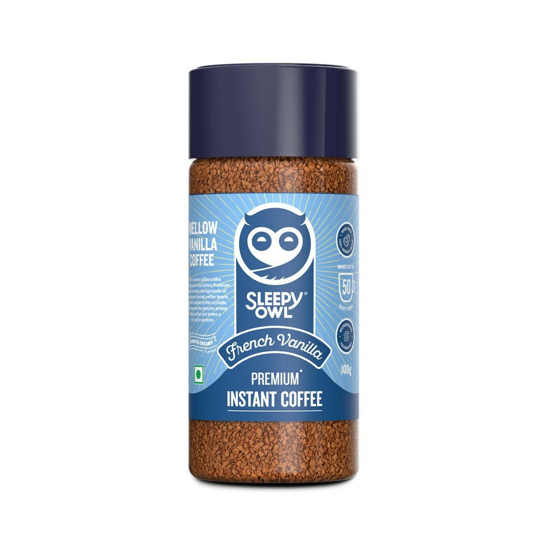 Sleepy Owl French Vanilla premium instant coffee powder in a jar with a label, ready for brewing.