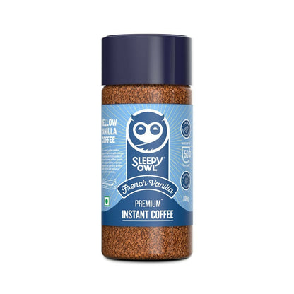 Sleepy Owl French Vanilla premium instant coffee powder in a jar with a label, ready for brewing.