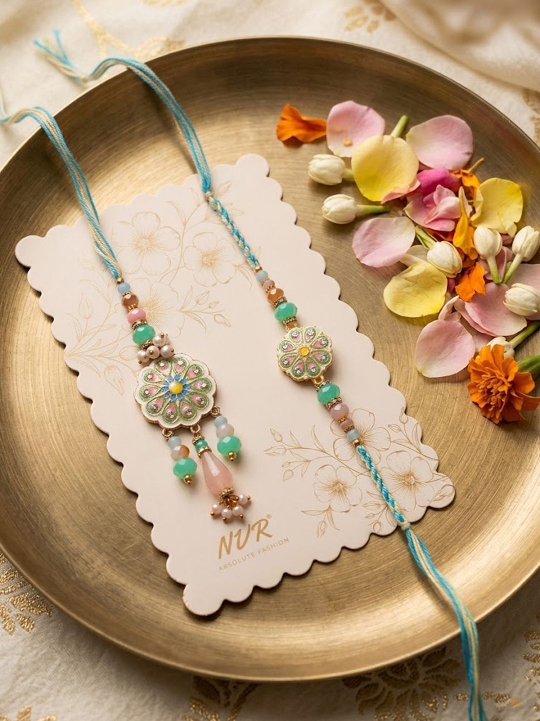 Anouk Set Of 2 Round Artificial Beads Traditional Bhaiya Bhabhi Rakhi With Roli Chawal