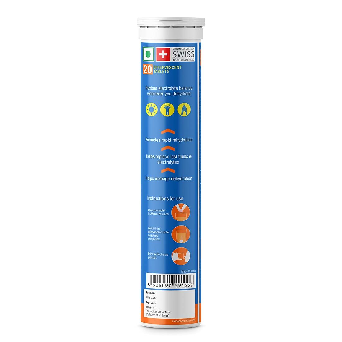 Fast&Up Reload O.R.S effervescent electrolyte tablets in orange flavor, Ayurvedic tablets for hydration and electrolyte replenishment.