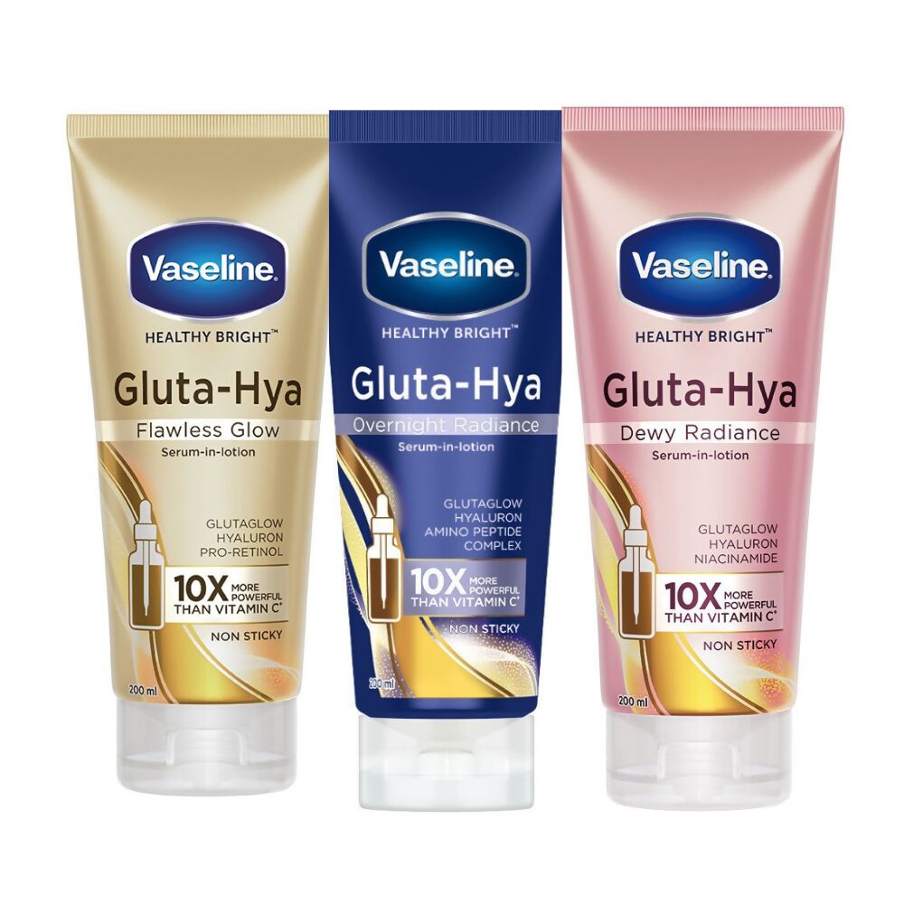Vaseline Gluta Hya Serum-in-Lotion body lotion with dewy radiance, overnight glow, and flawless skin, shown in a sleek pump bottle.