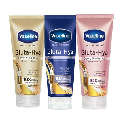Vaseline Gluta Hya Serum-in-Lotion body lotion with dewy radiance, overnight glow, and flawless skin, shown in a sleek pump bottle.