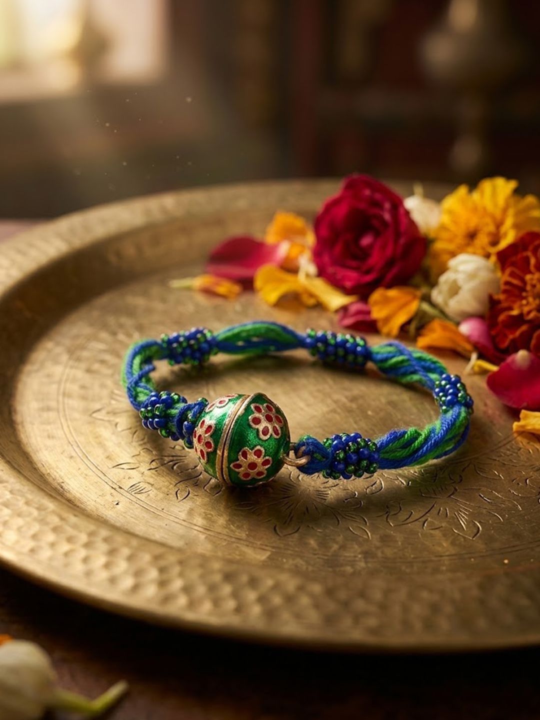 Anouk Magnetic Opening Blue Meenakari Work Thread Rakhi With Roli Chawal Chandan Mishri