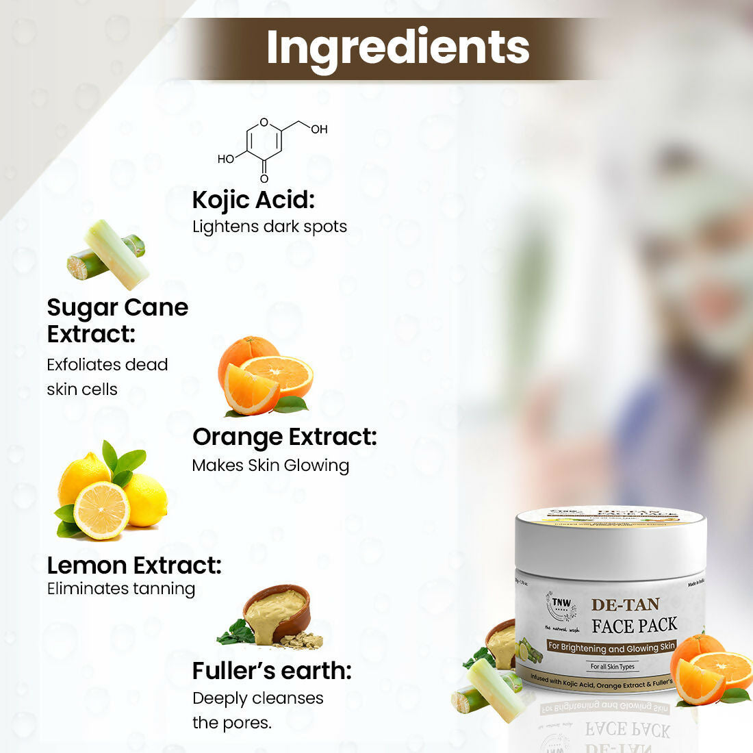 Natural Wash De-Tan Face Pack for glowing skin, shown in a tub with creamy texture and natural ingredients for skin care.