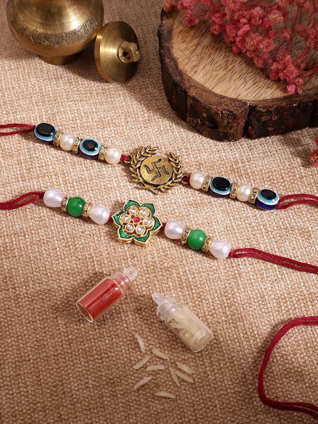 Anouk Unisex Set of 2 Beaded Bhai Bhabhi Rakhis With Roli & Chawal