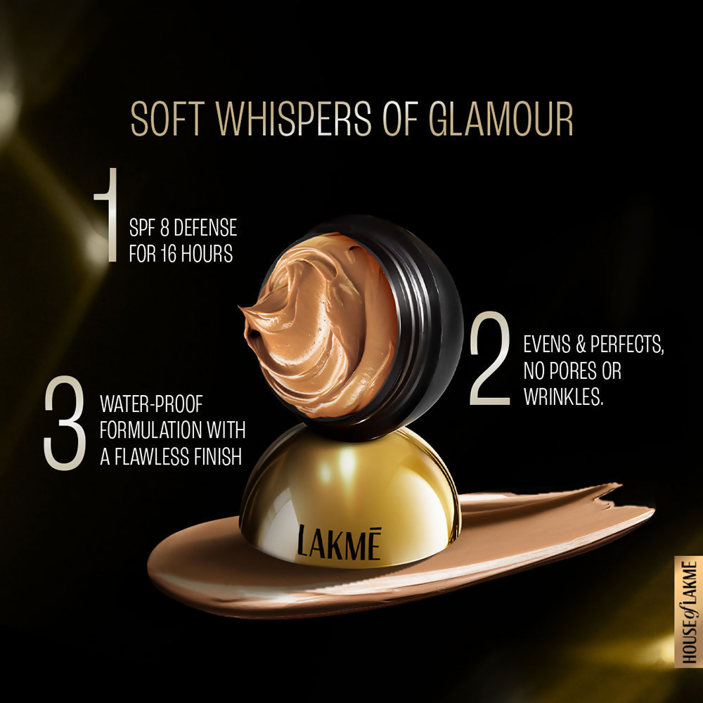 Lakme Xtraordin-Airy Mattereal Mousse Foundation in shade 04 Golden Light, showing the sleek compact with matte finish.